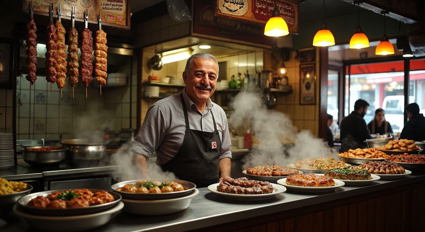 A warm, bustling Turkish restaurant with a middle-aged man, İsmet Bey, smiling proudly behind a counter, surrounded by steaming plates of traditional dishes like kebabs and baklava.