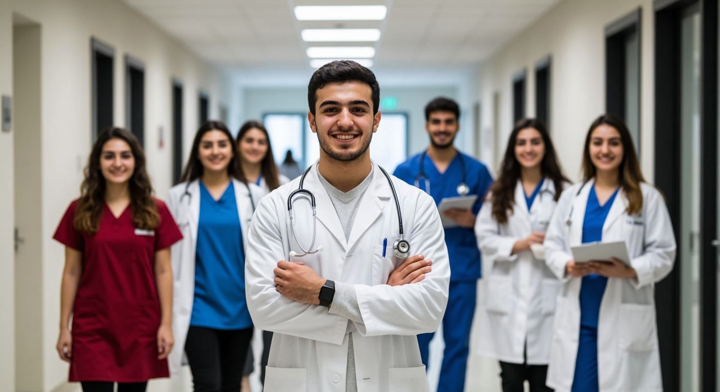 A confident young Turkish student in a white lab coat stands in a bright university hallway, holding a stethoscope and a molecular model, surrounded by peers in engineering attire and medical scrubs, all smiling with determination.
