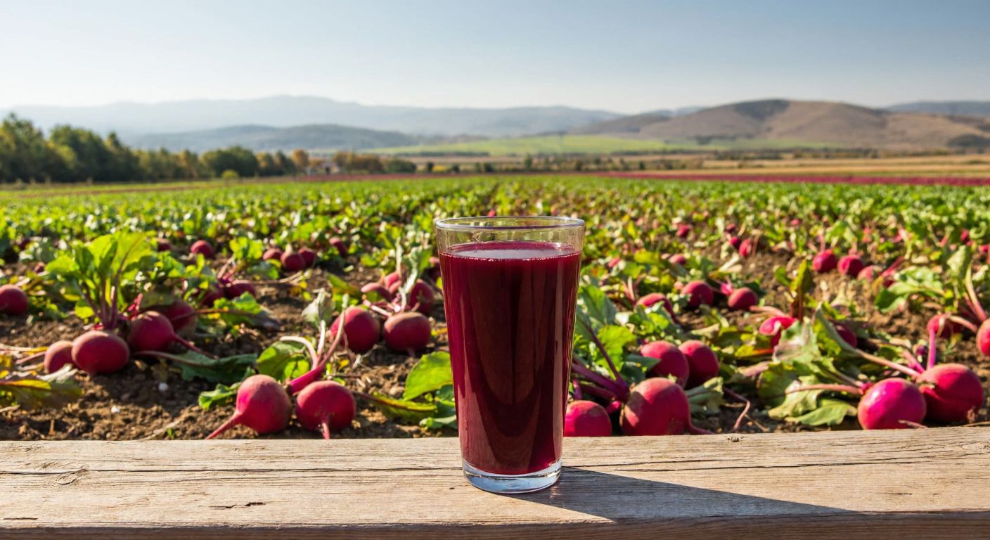 A vibrant glass of deep purple şalgam suyu sits on a rustic wooden table in front of a sunlit field of red turnips, with the distant silhouette of Çukurova's rolling hills in the background.