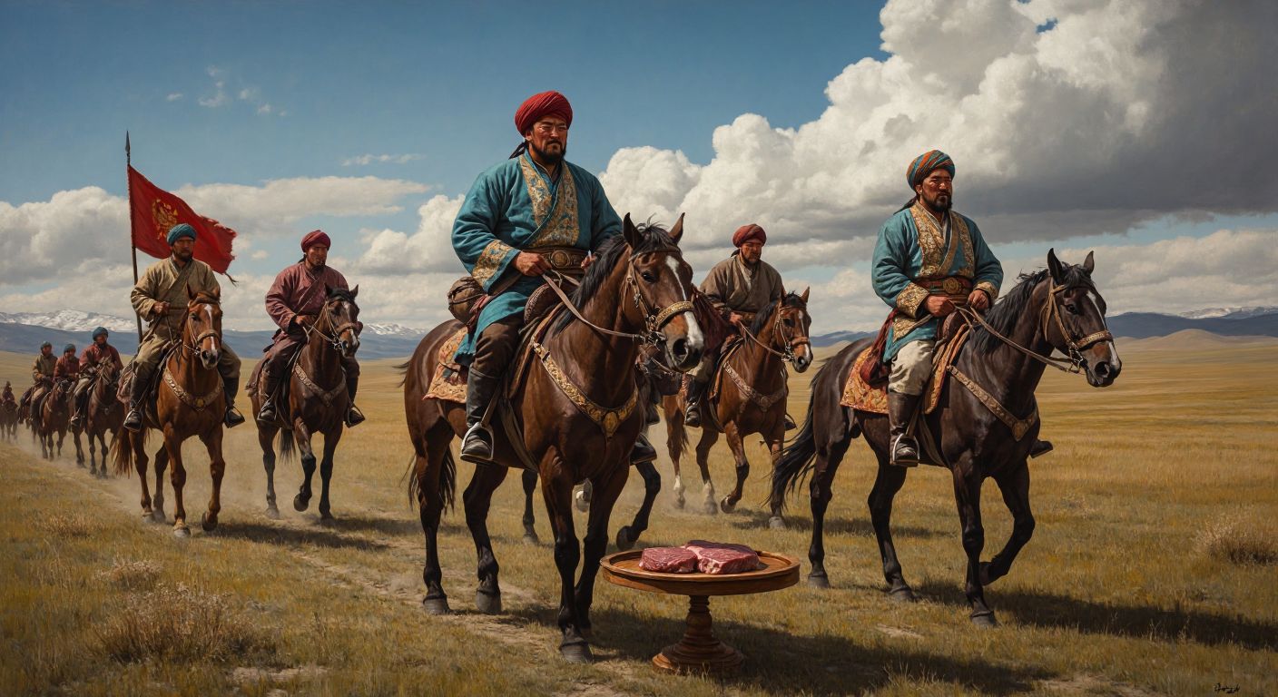A group of Tatar warriors in traditional Central Asian attire riding horses across a vast steppe, with raw meat tucked under their saddles, while a merchant in 19th-century Hamburg presents a cooked patty on a wooden platter to curious locals.