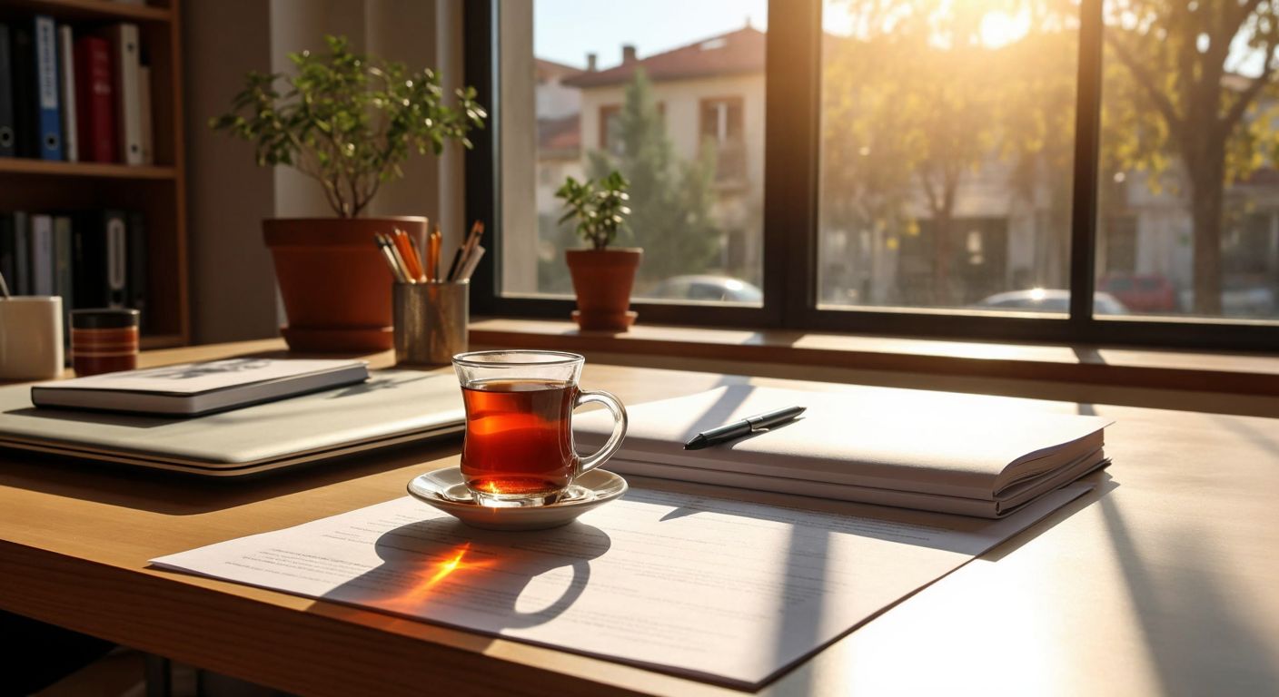 A neatly organized wooden desk in a sunlit Turkish office, with a printed checklist form, a steaming cup of Turkish tea, and a pen resting on top, conveying efficiency and daily task management.