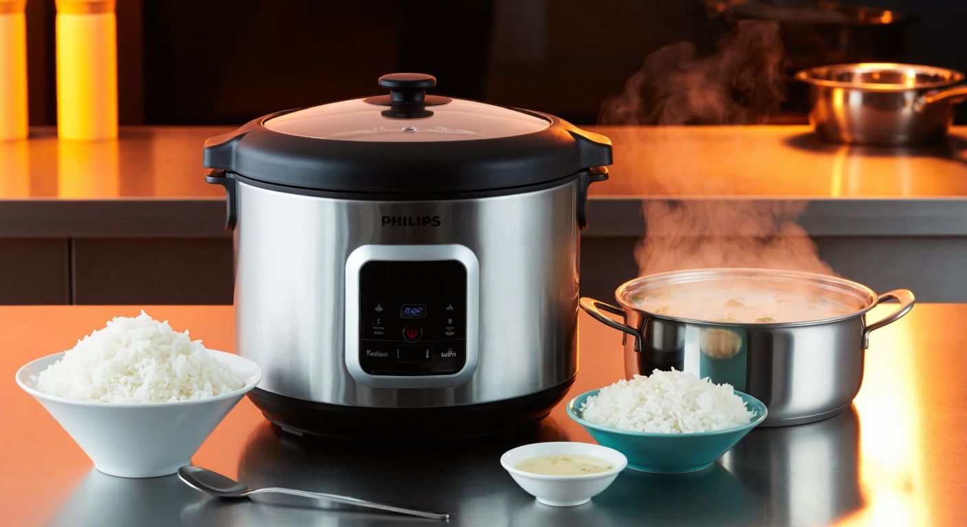 A modern Philips rice cooker steaming on a Turkish kitchen counter, surrounded by bowls of fluffy white rice, a pot of soup, and a small dish of yogurt, with warm light reflecting off the stainless steel surface.