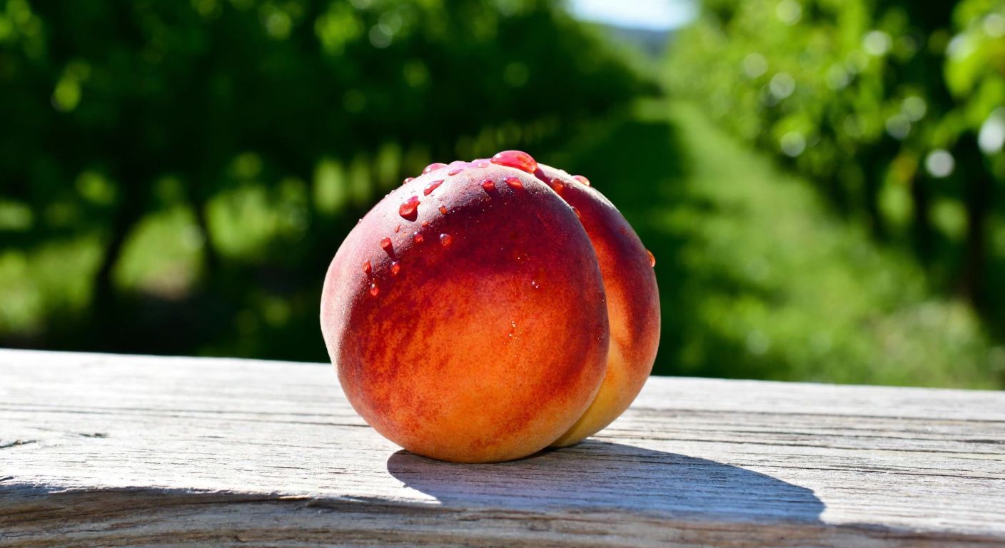 A ripe, glistening peach with droplets of juice on its vibrant orange-pink skin, resting on a rustic wooden table in a sunlit Turkish orchard.