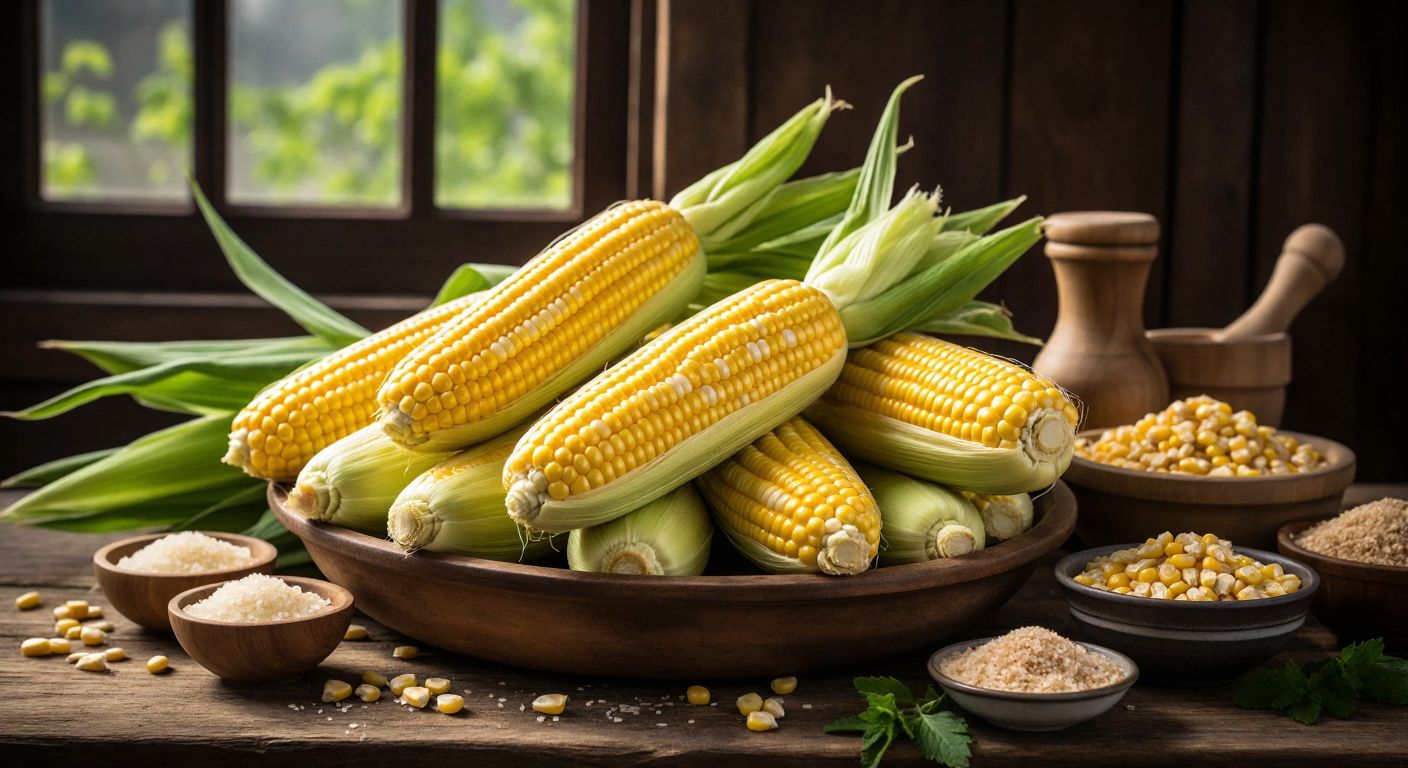 A vibrant pile of fresh, golden-yellow sweet corn cobs with green husks, placed on a rustic wooden table in a sunlit Turkish kitchen, surrounded by small bowls of peeled kernels and a mortar with crushed herbs, evoking health and natural abundance.