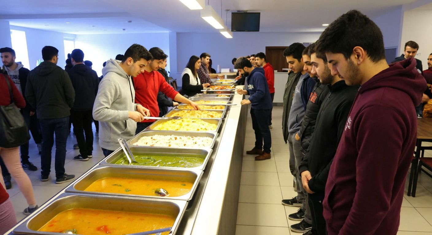 A bustling university cafeteria in Eskişehir with students in casual attire lining up at a counter filled with steaming trays of traditional Turkish dishes like mercimek çorbası and pilav.