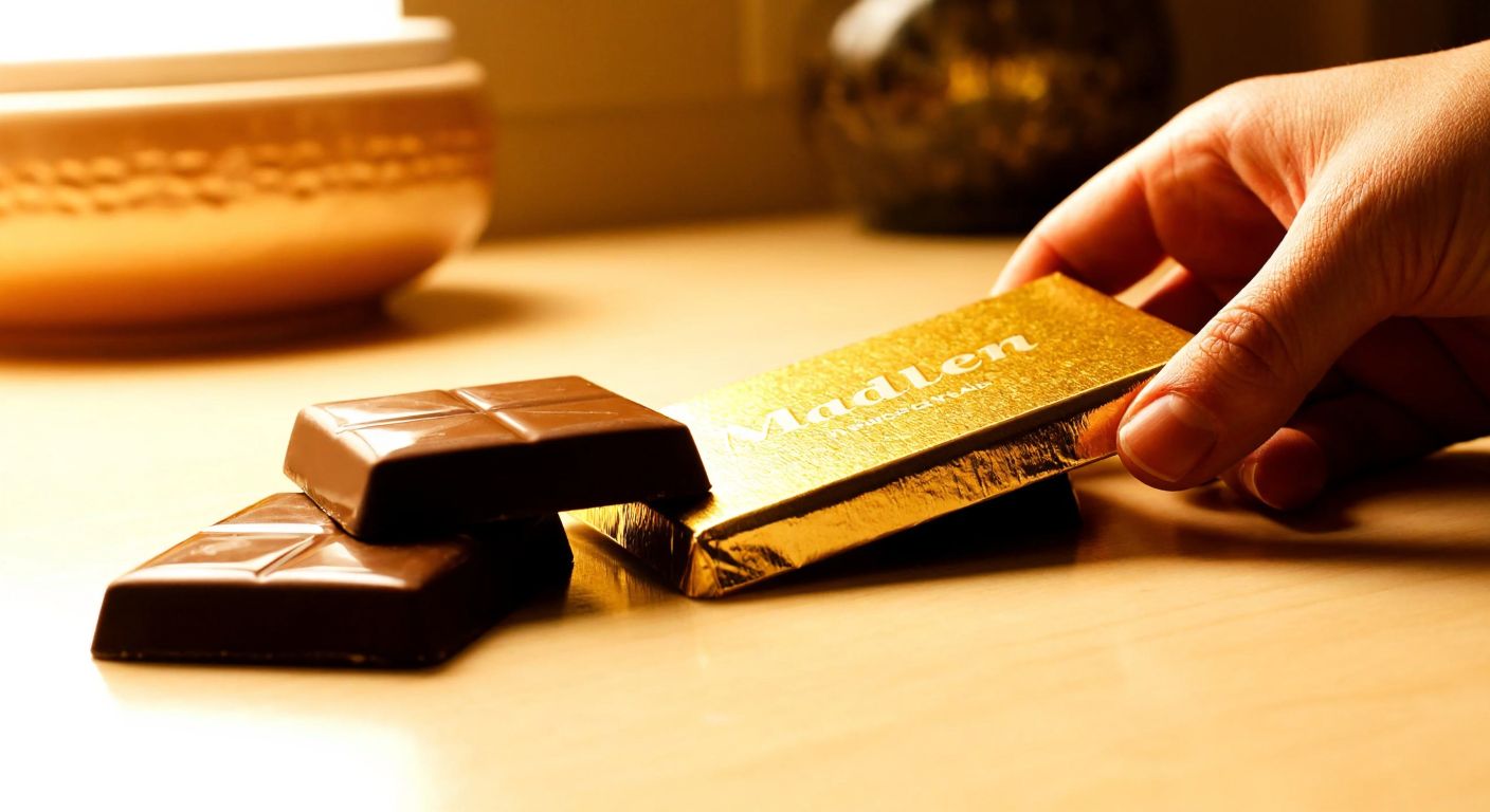 A hand unwrapping a golden foil-wrapped Madlen chocolate on a wooden table, with a warm, inviting glow reflecting off the shiny packaging.