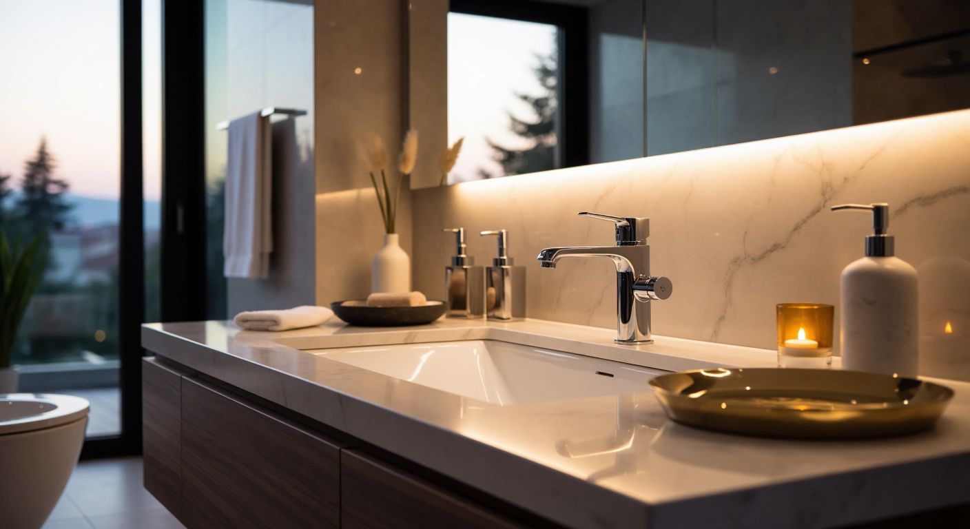 A sleek modern bathroom fixture display in a Turkish home, with warm lighting reflecting off polished chrome surfaces and marble countertops.