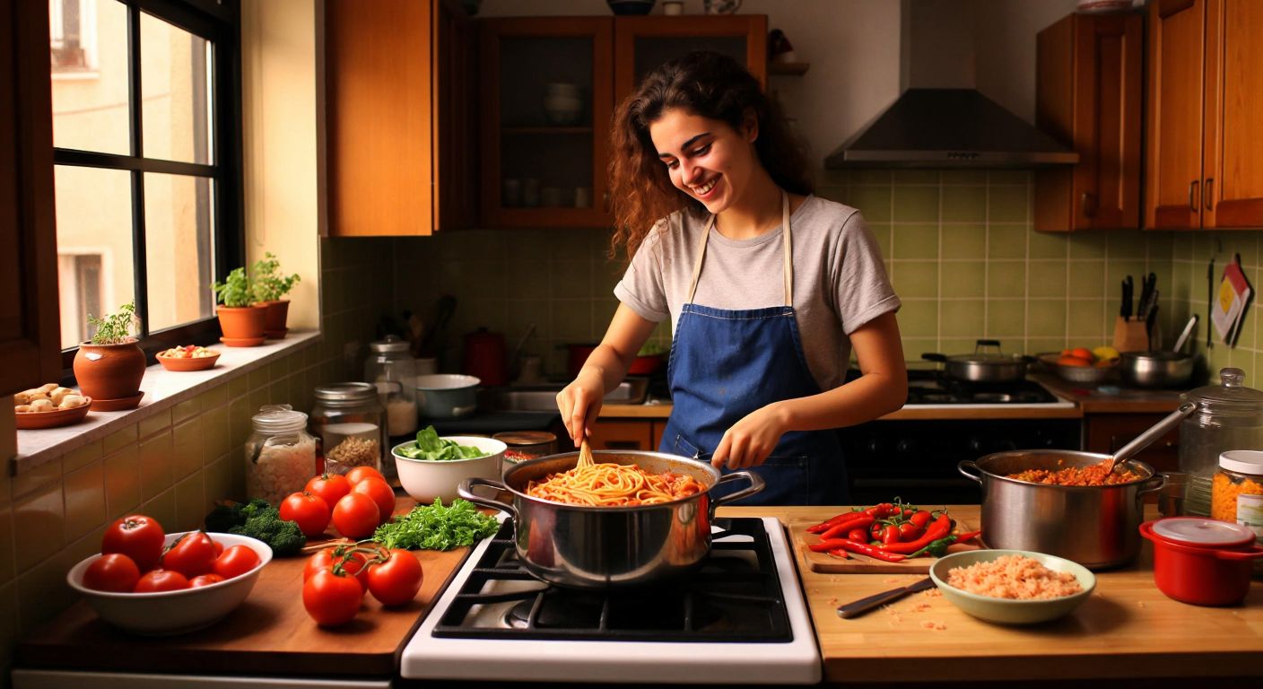 A cluttered student kitchen in Turkey with a pot of salçalı spagetti simmering on a stove, a bowl of kısır on a small table, and a young adult in casual clothes smiling while chopping vegetables.