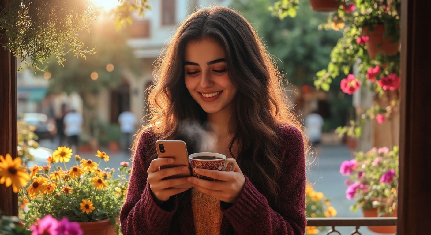 A young Turkish woman with a warm smile holds a steaming cup of Turkish coffee while scrolling through vibrant Instagram stories on her phone, surrounded by colorful flowers and soft sunlight.