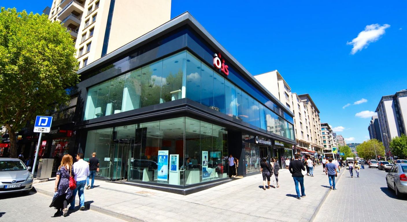 A modern İş Bankası branch with a glass facade on a bustling street in Şişli, Istanbul, surrounded by pedestrians and shops under a bright blue sky.