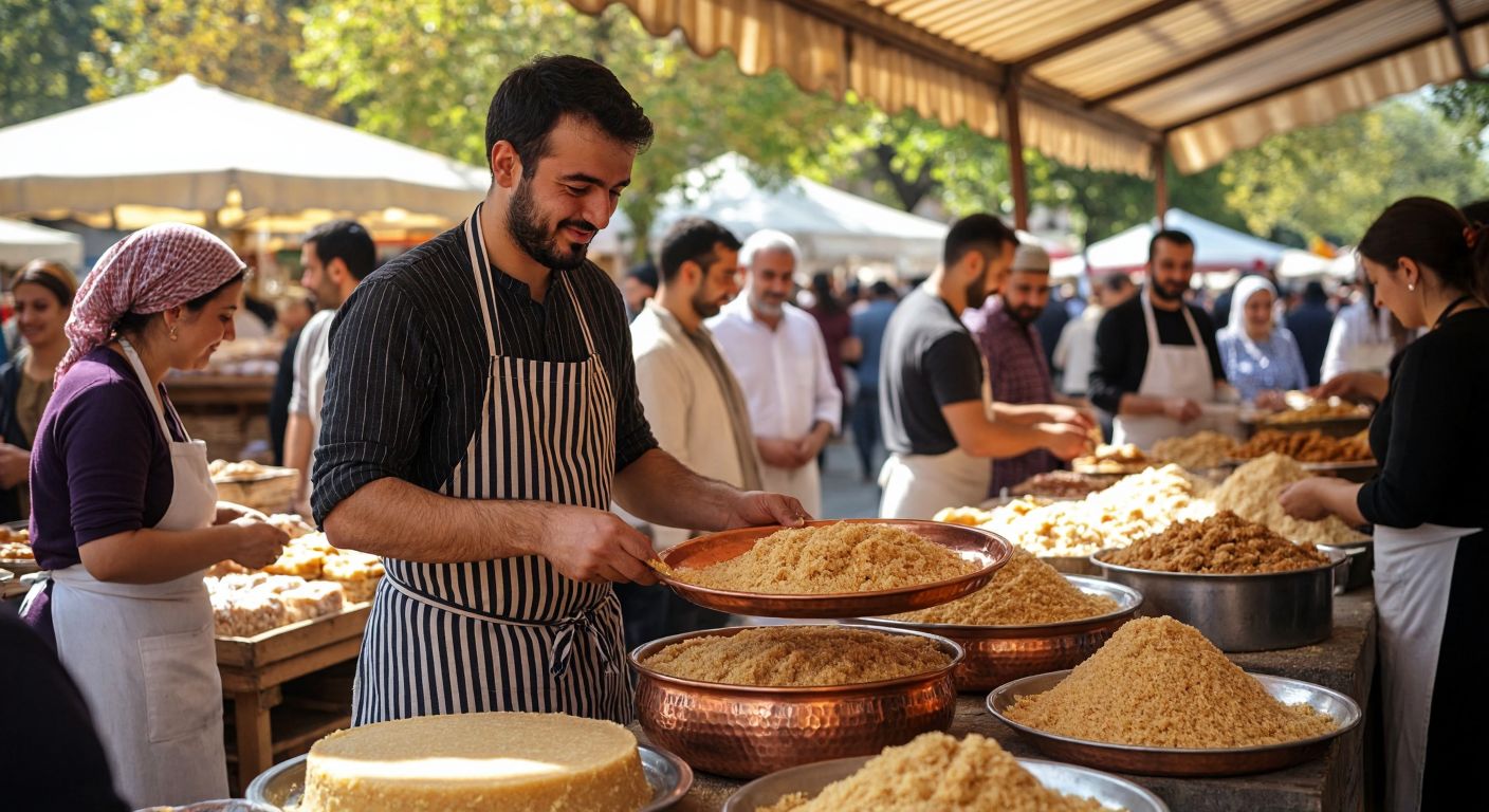 A bustling Turkish fair with a vendor in a striped apron serving golden, crumbly panayır helva from a copper tray, surrounded by smiling locals under a sunlit canopy.