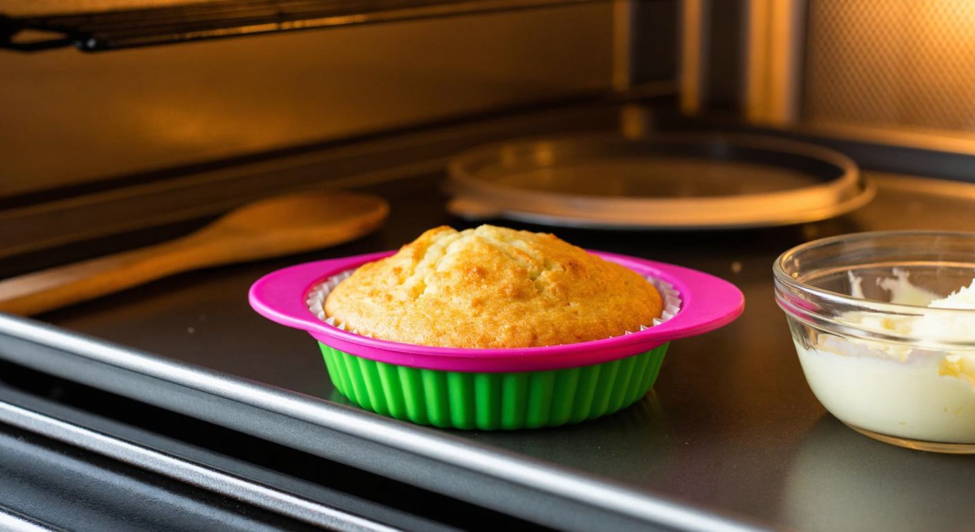 A colorful silicone cupcake mold filled with golden-brown batter sits on a metal baking tray inside a warm, softly lit oven, with a wooden spoon resting nearby and a bowl of melted butter beside it.