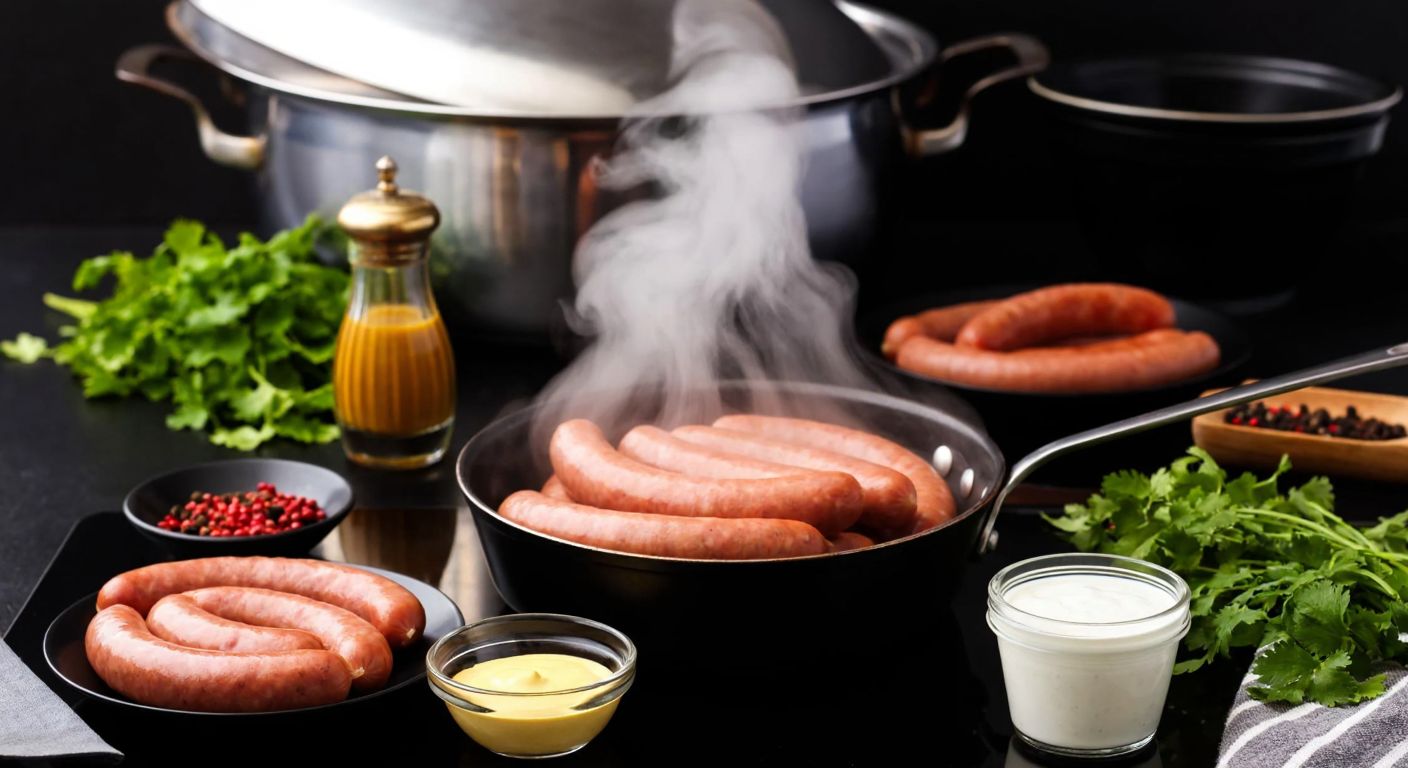 A Turkish kitchen countertop with fresh sausages, spices like coriander and black pepper, and condiments like mustard and mayonnaise arranged neatly, while steam rises from a pot of boiling sausages on the stove.