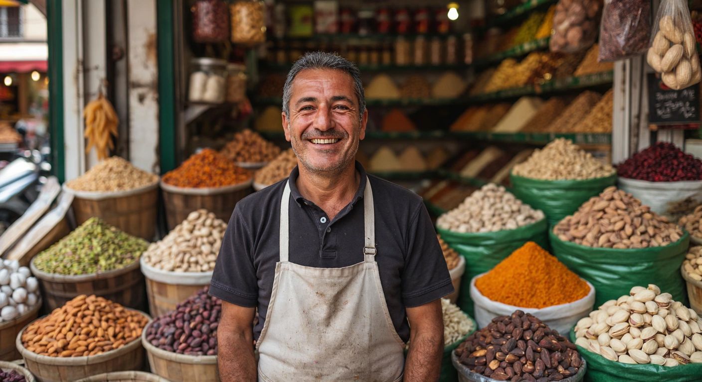 A smiling middle-aged man with a warm expression, wearing a casual apron, stands proudly in front of a bustling Turkish dried nuts and spices shop in Aydın, surrounded by vibrant sacks of pistachios, almonds, and figs.