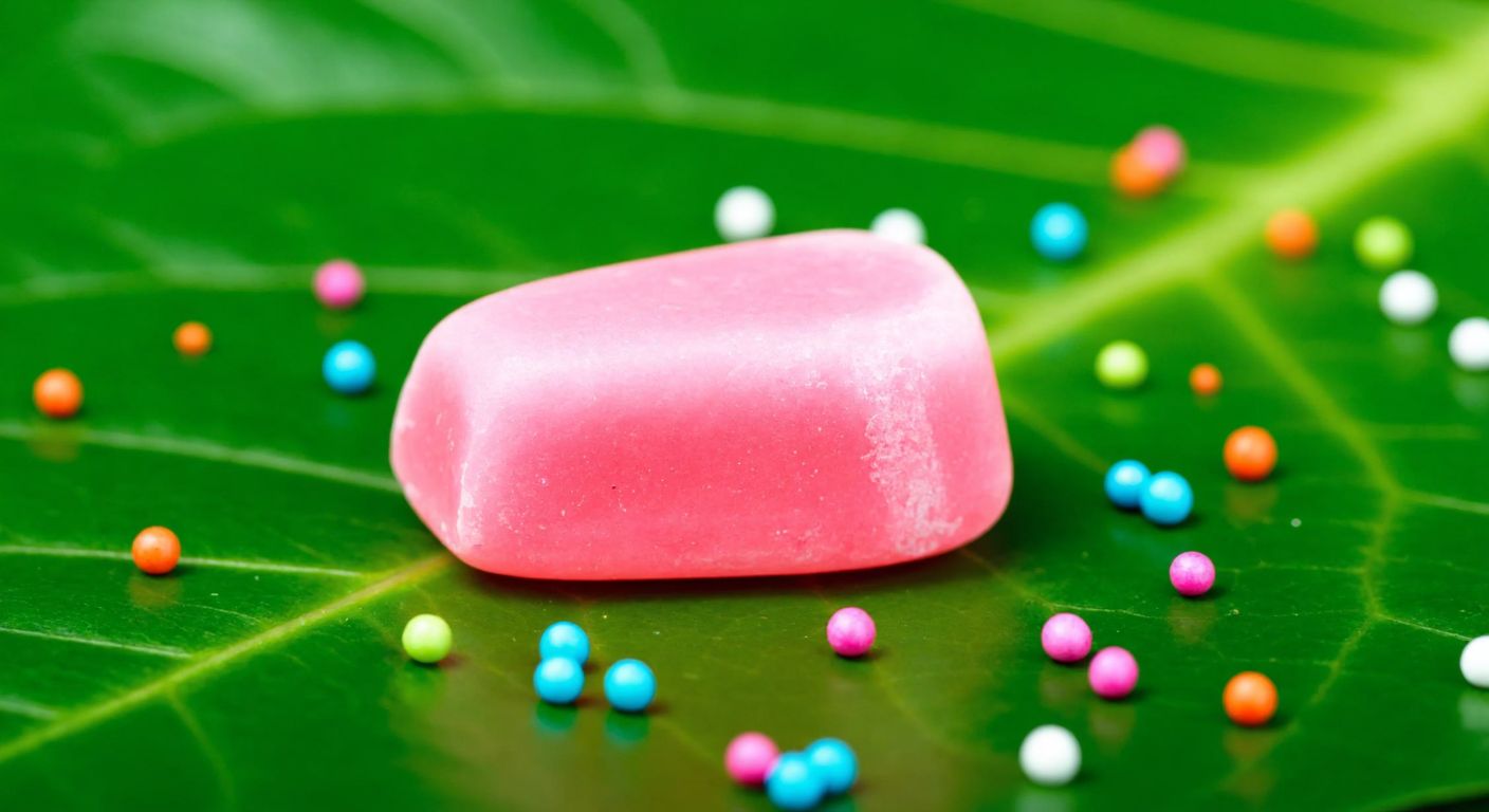 A close-up of a translucent pink chewing gum piece resting on a vibrant green leaf, with tiny colorful specks representing sweeteners and emulsifiers scattered around it.