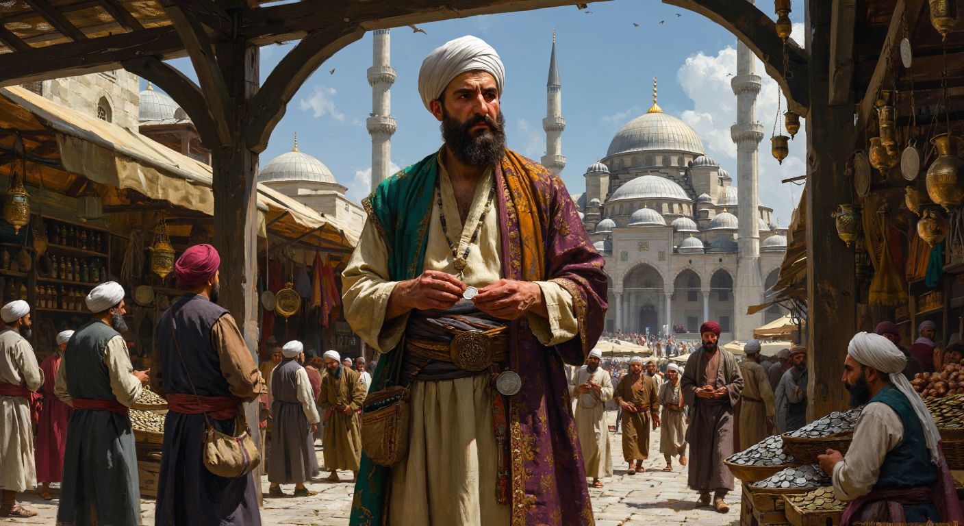 A stern Ottoman tax collector in traditional attire stands in a bustling marketplace, collecting coins from wary villagers under the shade of a grand mosque.