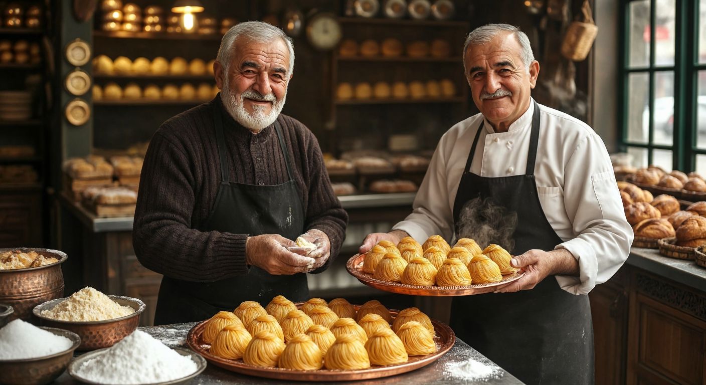 A warm bakery scene in İzmit, with an elderly Turkish man (Hayri Usta) and an Armenian confectioner (Hacı Agop Dolmacıyan) proudly presenting golden, thread-like pişmaniye on a copper tray, surrounded by the aroma of sugar and butter.