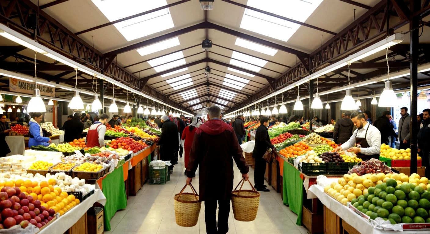 A bustling indoor marketplace in Çorum with rows of colorful fruit and vegetable stalls, vendors in aprons arranging fresh produce, and customers carrying woven baskets under warm hanging lights.