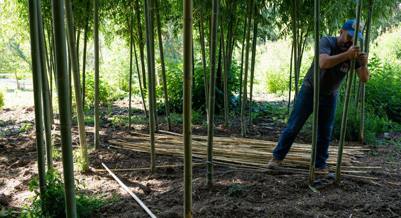 A person in a sunlit Turkish garden carefully securing tall bamboo poles into the ground with sturdy metal wires, surrounded by lush greenery and a small pile of fresh bamboo canes.