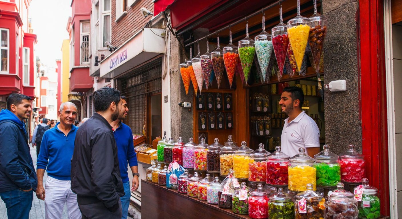 A vibrant, old Istanbul street in Balat with a traditional sweet shop displaying colorful akide şekeri in glass jars, surrounded by locals in casual attire smiling as they admire the treats.