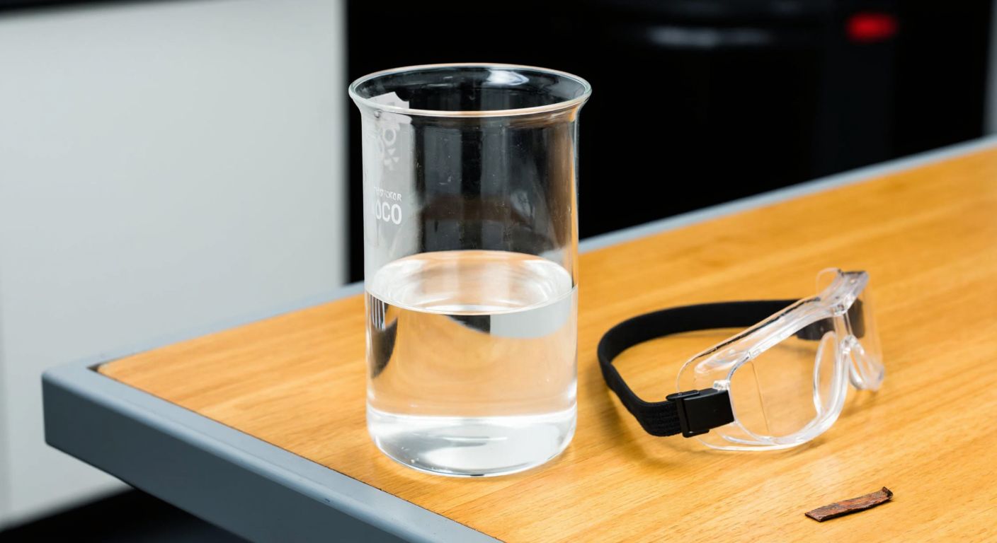 A clear glass beaker filled with a colorless, viscous liquid labeled as phosphoric acid, resting on a wooden lab bench with safety goggles nearby.