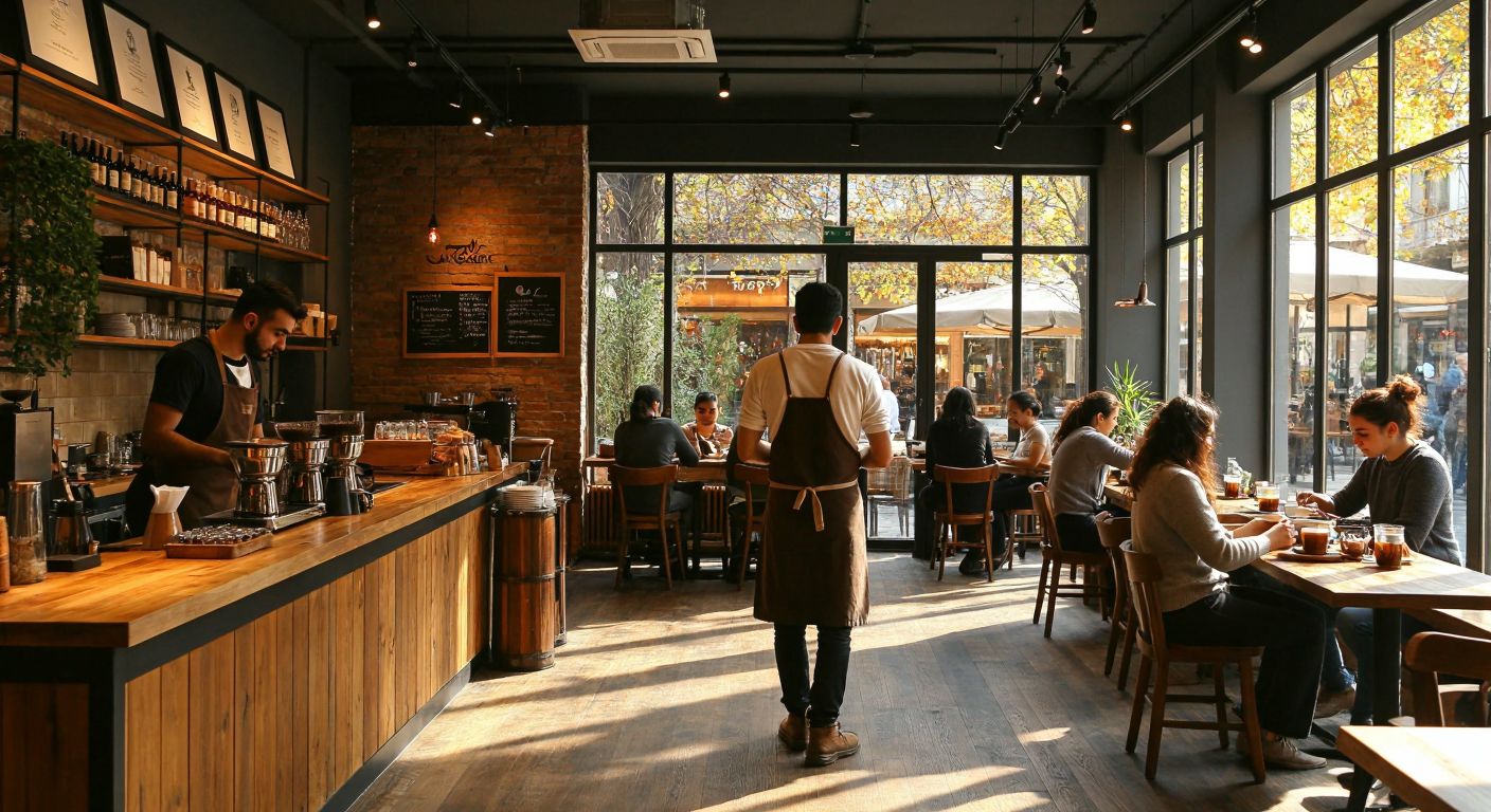 A cozy, warmly lit coffee lab in Turkey with wooden tables, baristas in aprons serving steaming cups of Turkish coffee, and customers enjoying the rich aroma, all in a relaxed, alcohol-free atmosphere.