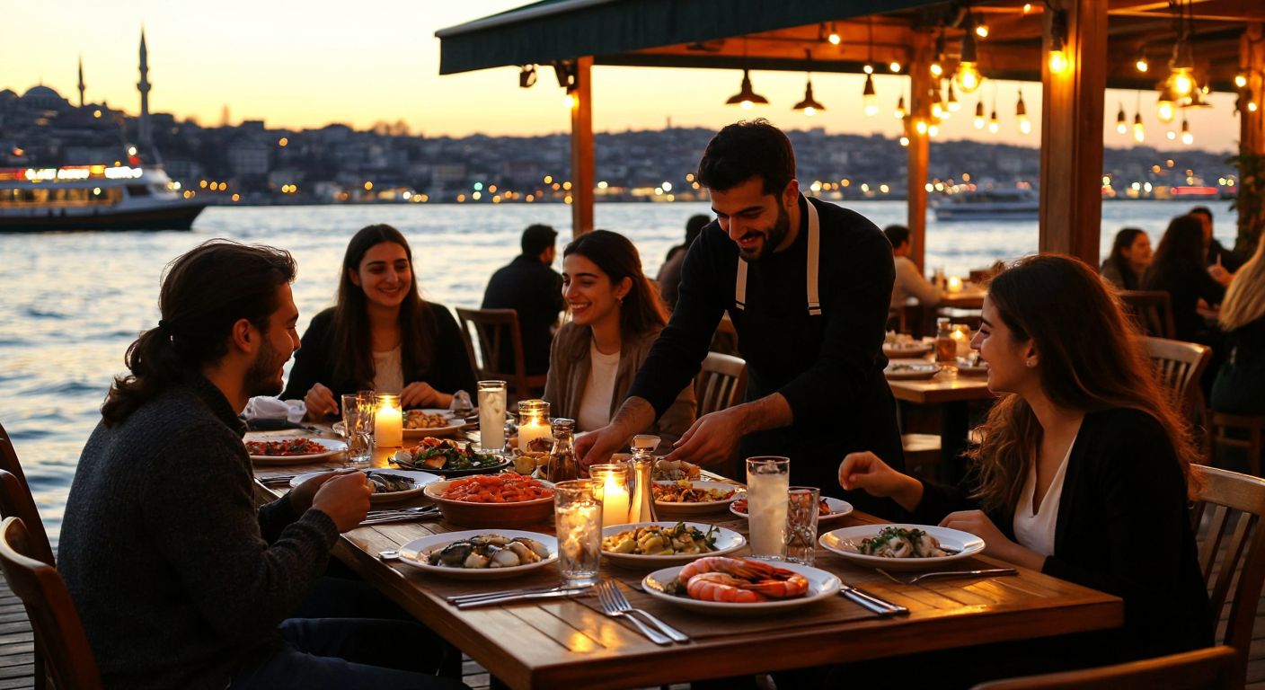 A cozy seaside restaurant in Istanbul with wooden tables, fresh seafood dishes, and glasses of raki under warm golden lights, as a waiter serves a group of smiling friends by the water.