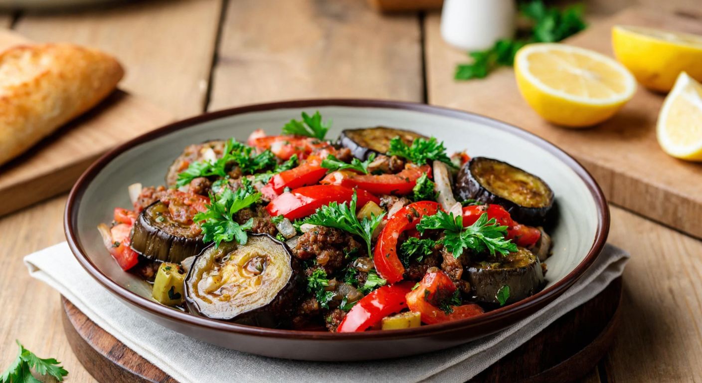 A rustic wooden table in a Turkish kitchen holds a vibrant bowl of *manca* salad, featuring roasted eggplant, red peppers, tomatoes, and parsley, drizzled with golden olive oil and garnished with lemon wedges.