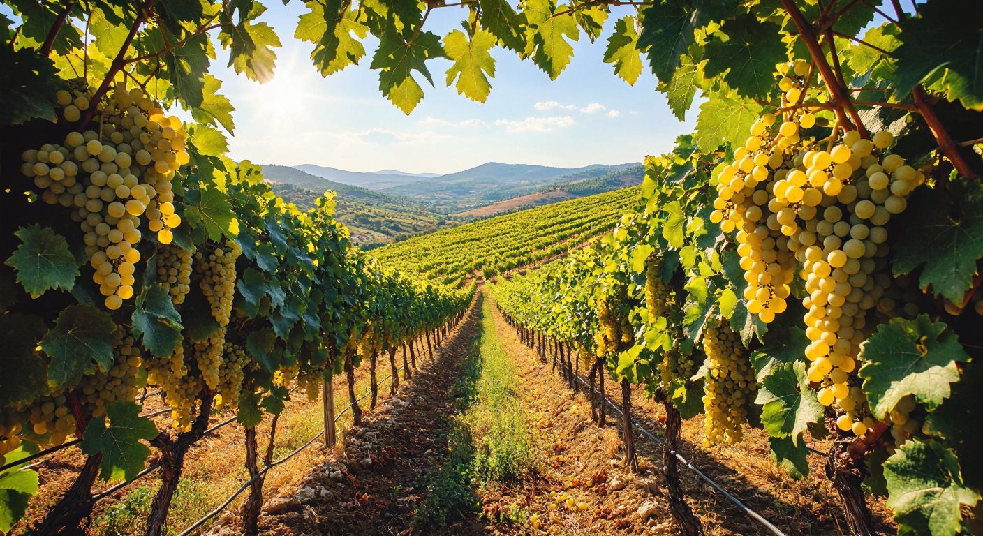 A sunlit Turkish vineyard with golden-yellow Ata sarısı grapes hanging in heavy clusters, framed by rolling green hills in the Aegean region.