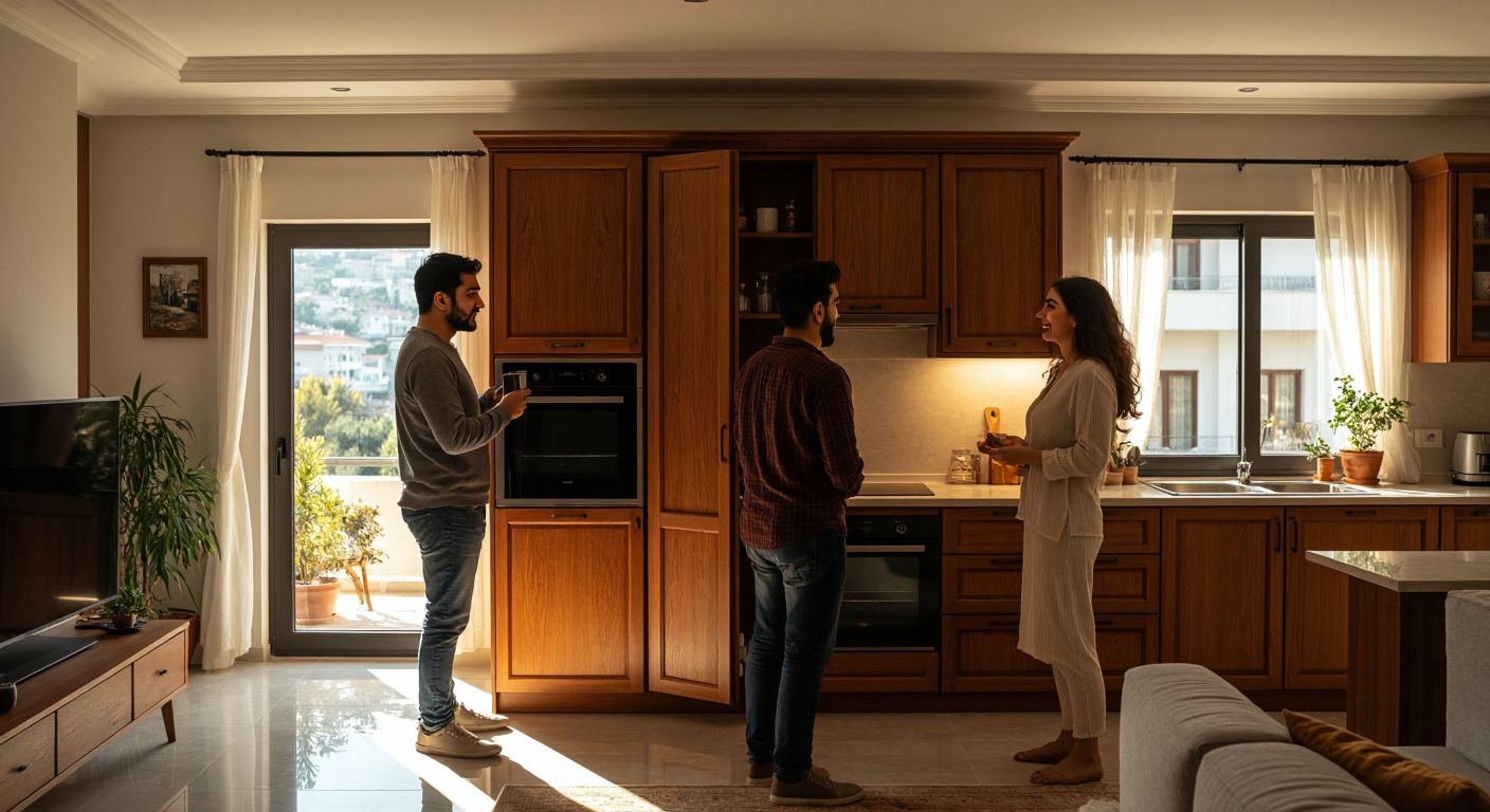 A split-image scene: on one side, a disgruntled Turkish couple inspecting a poorly crafted wooden wardrobe in a dimly lit living room, while on the other, a smiling family admiring a sleek, well-finished modern kitchen set in a sunlit Turkish home.