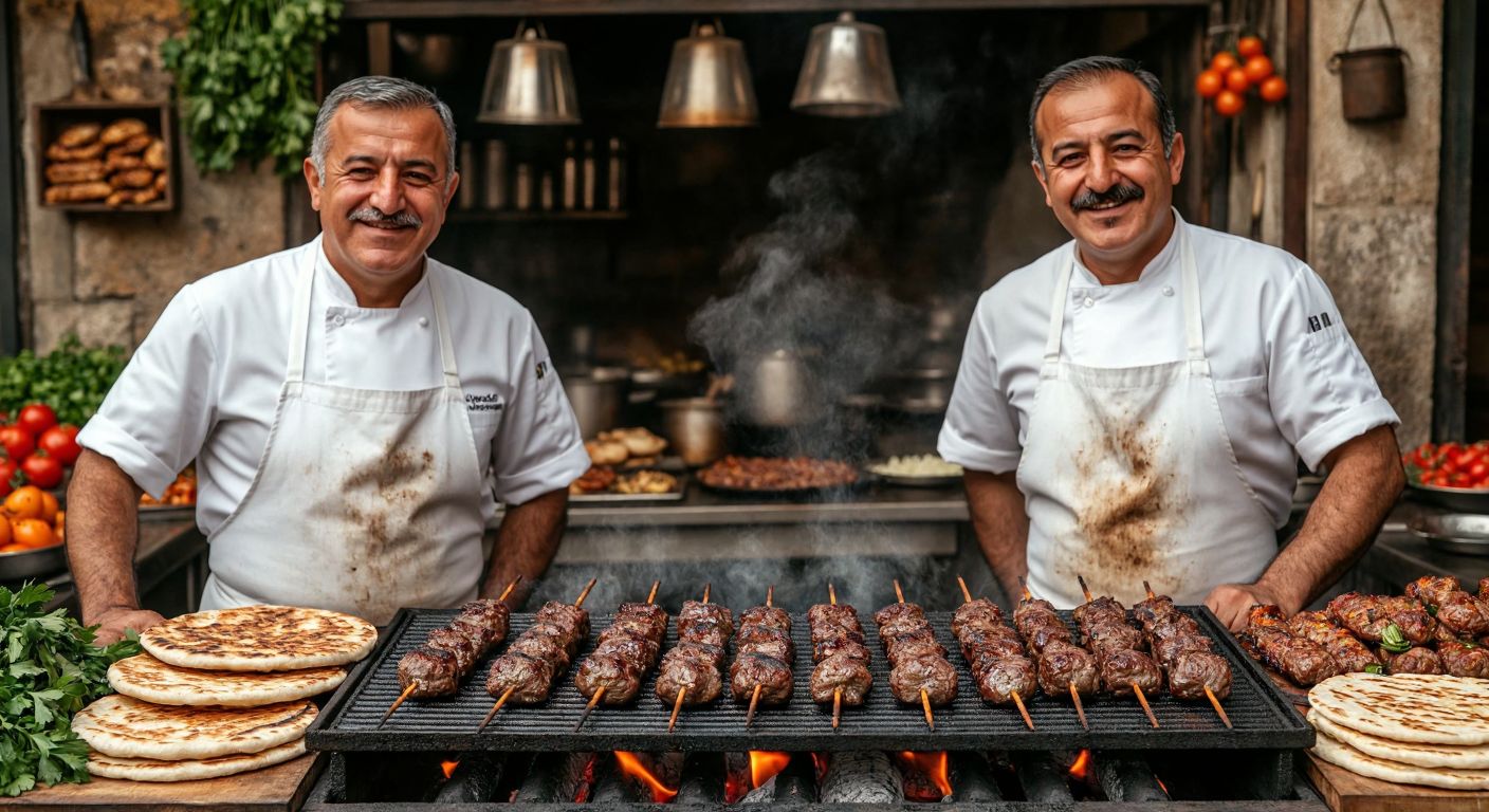 Two smiling middle-aged Turkish men in white chef aprons stand proudly behind a sizzling grill piled with golden-brown liver kebabs, surrounded by warm lavash bread and fresh herbs.
