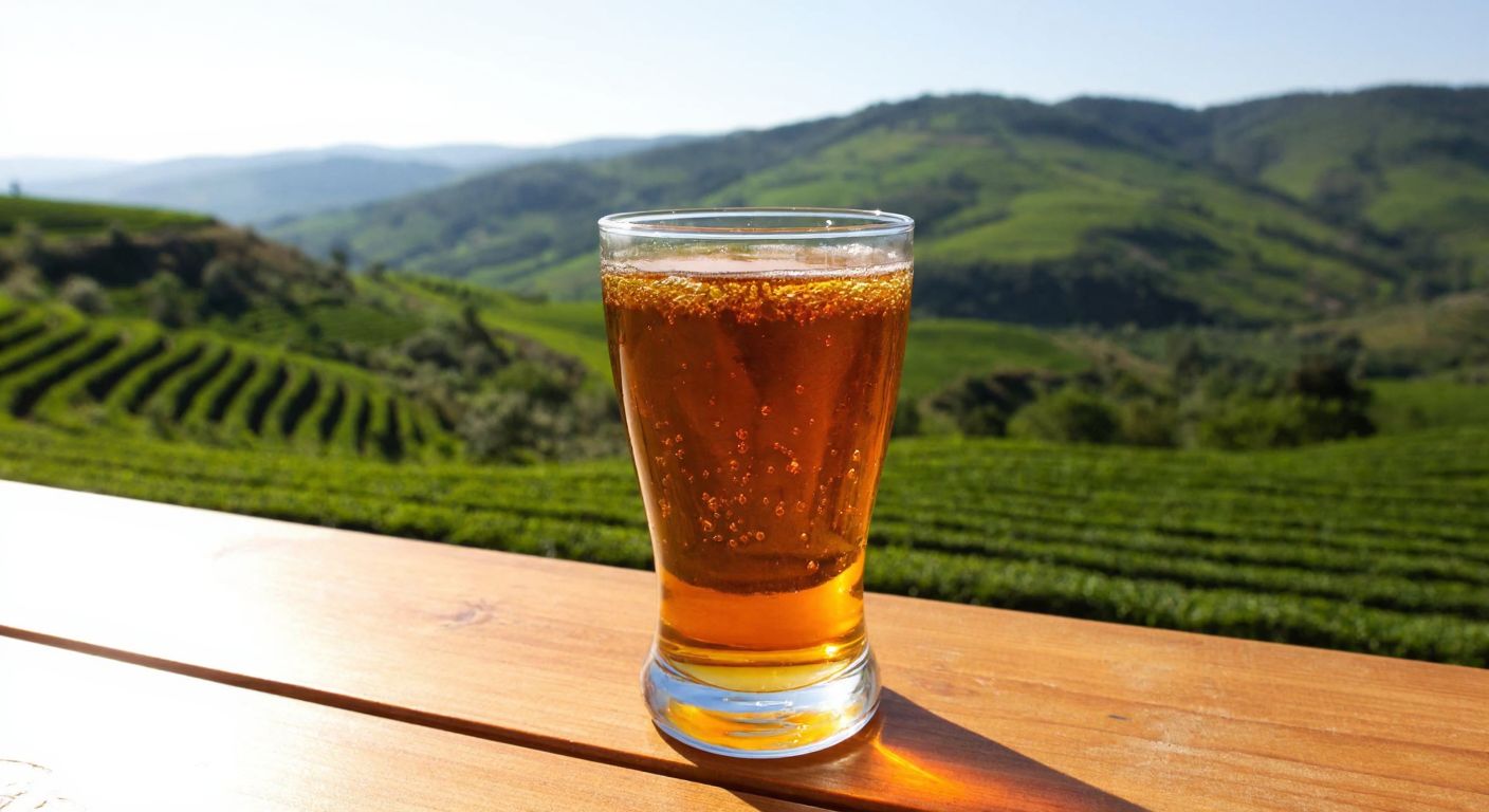 A chilled glass of amber-colored iced tea with condensation droplets, placed on a sunlit wooden table overlooking a Turkish tea garden with rolling green hills in the background.