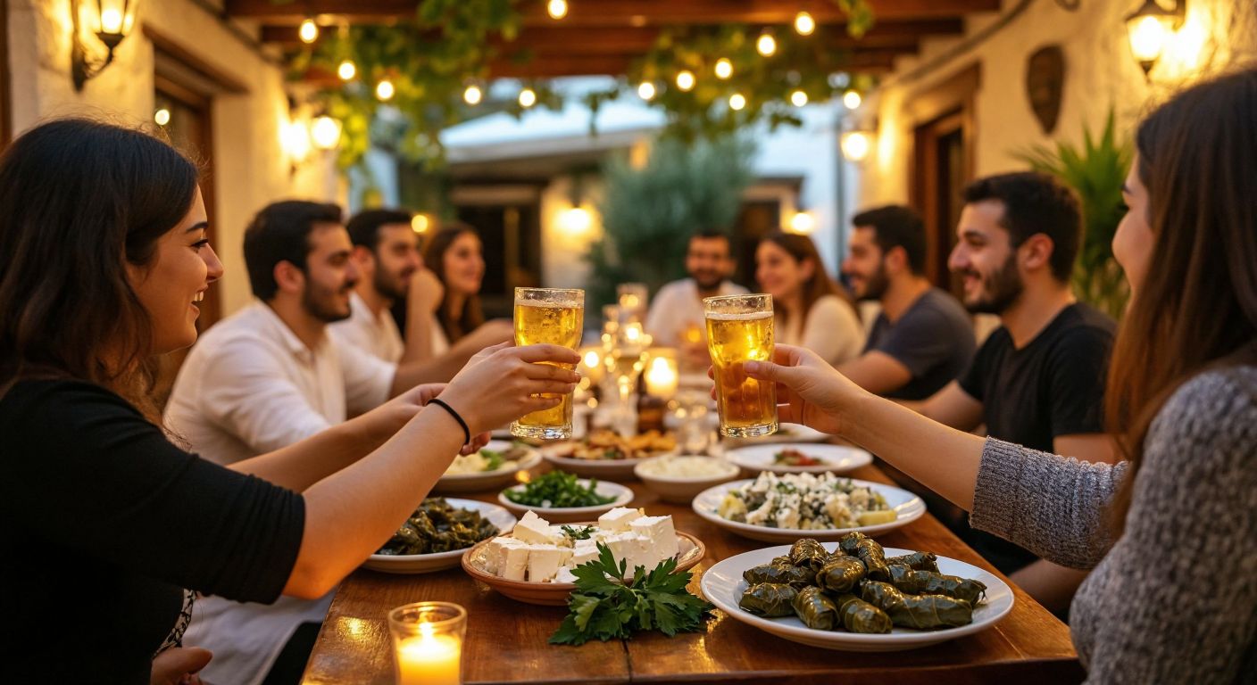 A lively Turkish meyhane in Çeşme with wooden tables, flickering lanterns, and patrons clinking glasses of golden rakı, surrounded by plates of meze like beyaz peynir and stuffed grape leaves.