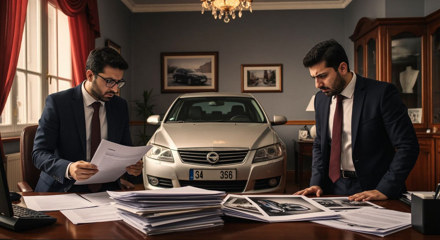 A Turkish insurance agent in a formal office examines a damaged car's photos while a distressed car owner waits anxiously, with a stack of documents and a policy folder on the desk between them.