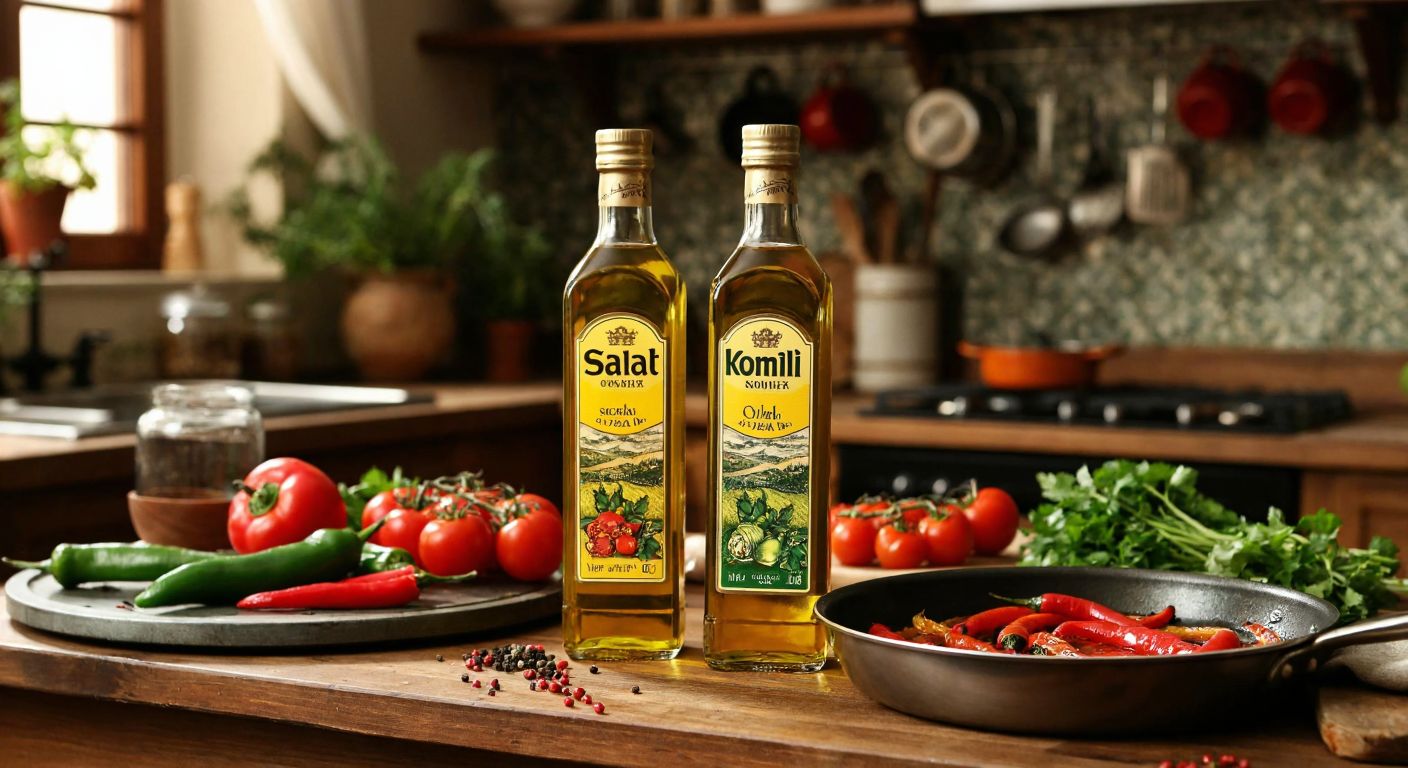 A rustic Turkish kitchen counter displays two distinct glass bottles of sunflower oil—one labeled *Salat* with a vintage design and the other *Komili* with a classic, elegant look—flanked by fresh vegetables and a sizzling pan of frying peppers.