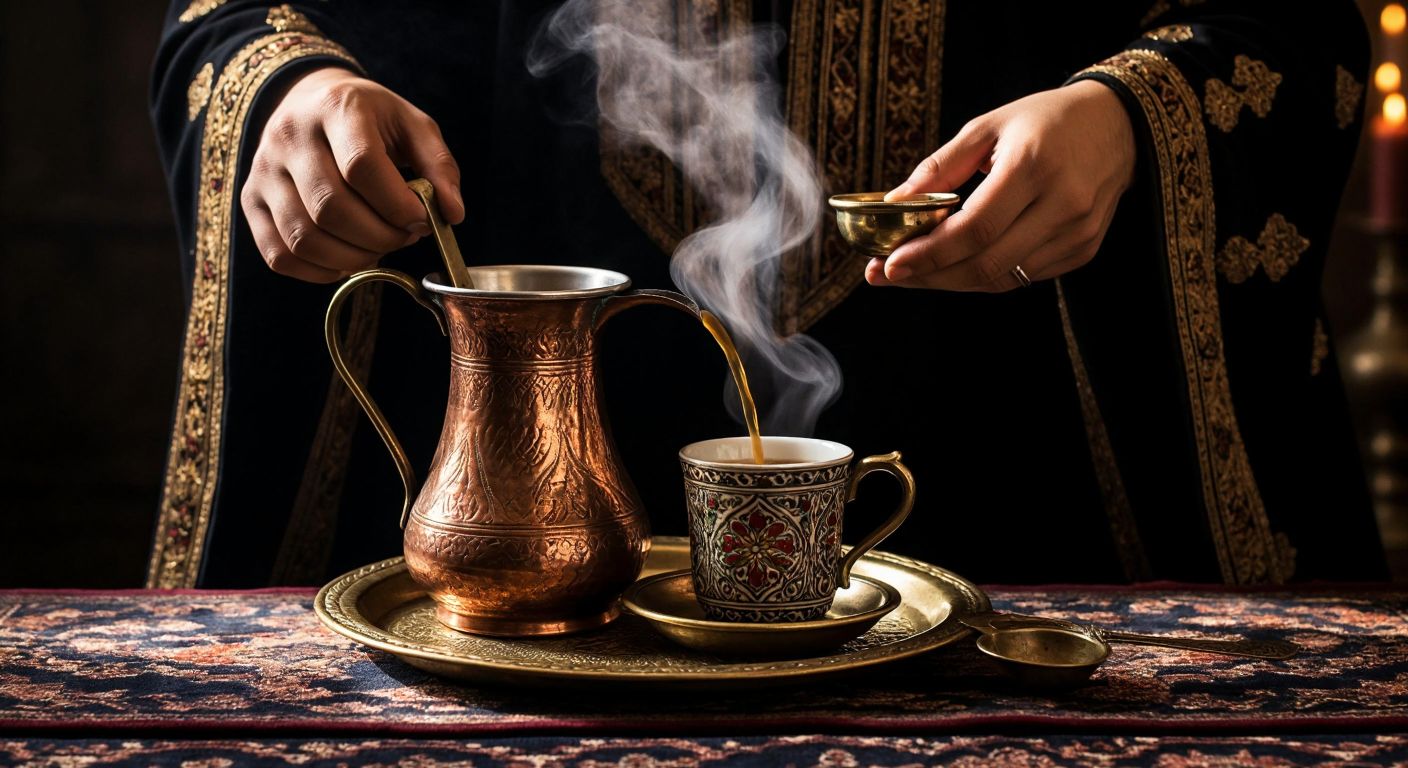A richly decorated Ottoman-era copper cezve simmers over glowing embers, its aromatic steam curling upward beside a small porcelain cup on a brass tray, with a shadowy figure in traditional Yemeni attire gently pouring dark coffee into it.