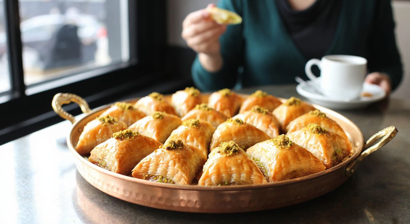 A golden tray of flaky, syrup-drenched baklava and şöbiyet pastries, arranged neatly on a traditional Turkish copper plate, with a warm café setting in the background and a contented customer savoring a bite.