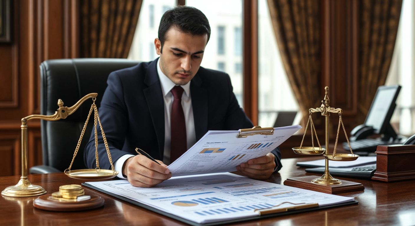 A Turkish accountant in a formal office setting carefully reviews a detailed budget spreadsheet while a scale symbolizing balanced finances sits nearby, with a backdrop of a modern government building.