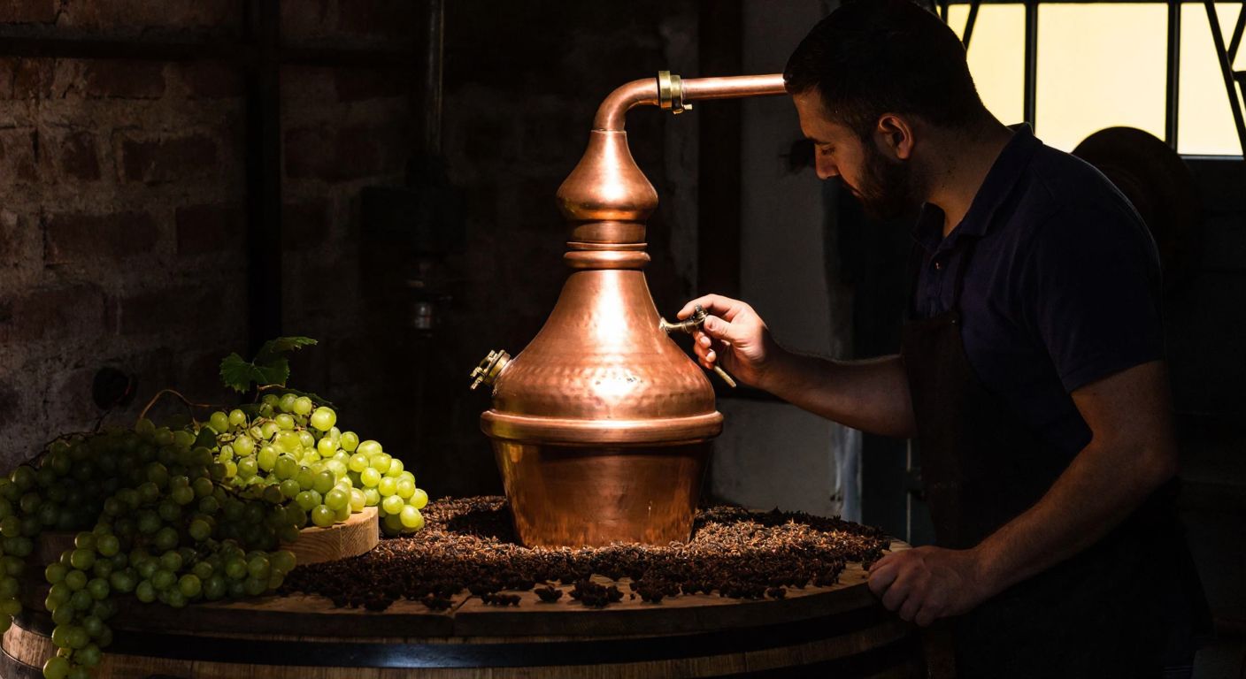 A copper moonshine still gleams under warm light in a rustic Turkish distillery, surrounded by fresh grapes and aniseed, with a skilled artisan carefully adjusting the valves.