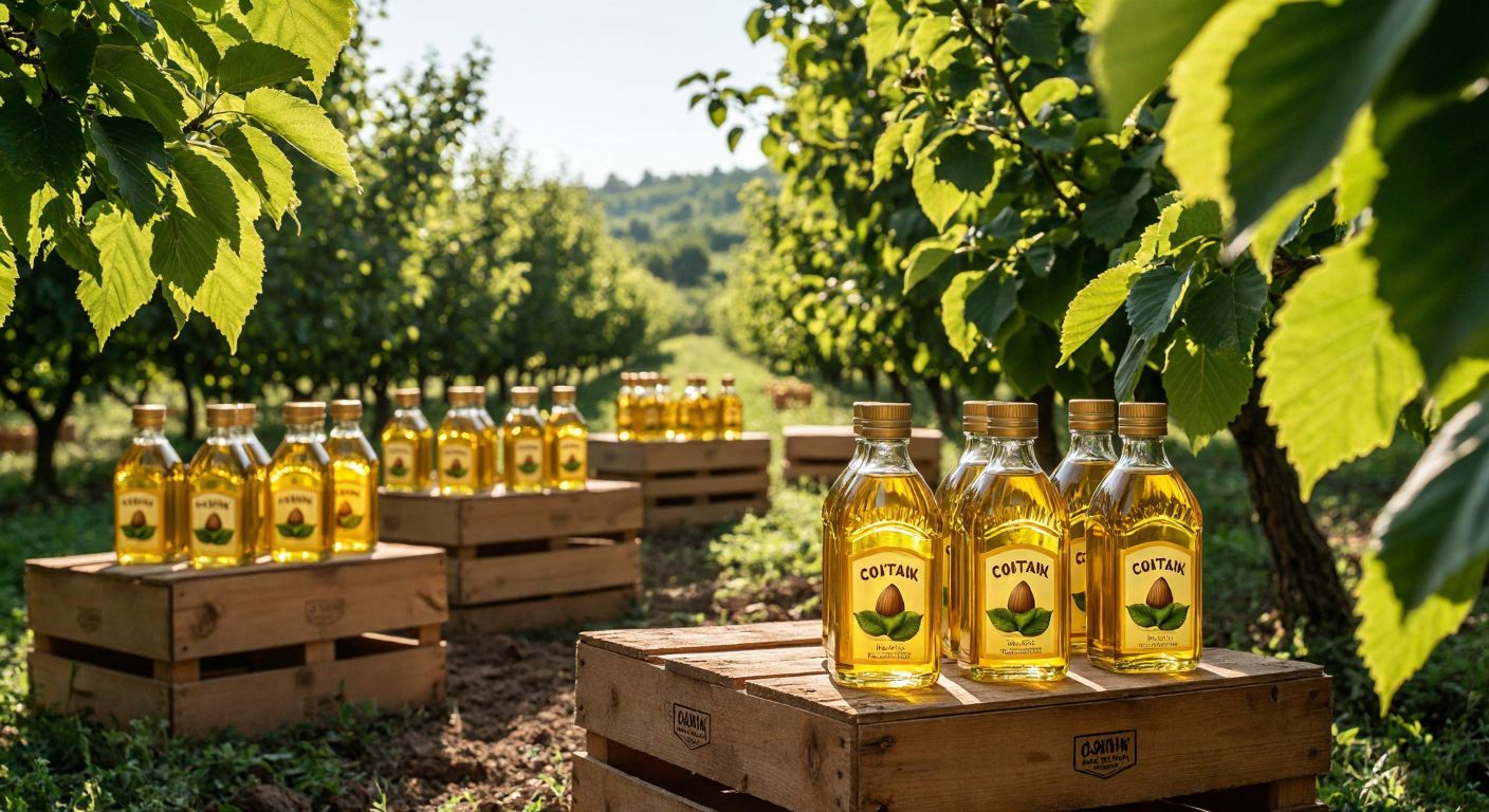 A lush green hazelnut orchard in Ordu, Turkey, with golden hazelnut oil bottles bearing the Çotanak label neatly arranged on wooden crates under the warm sunlight.