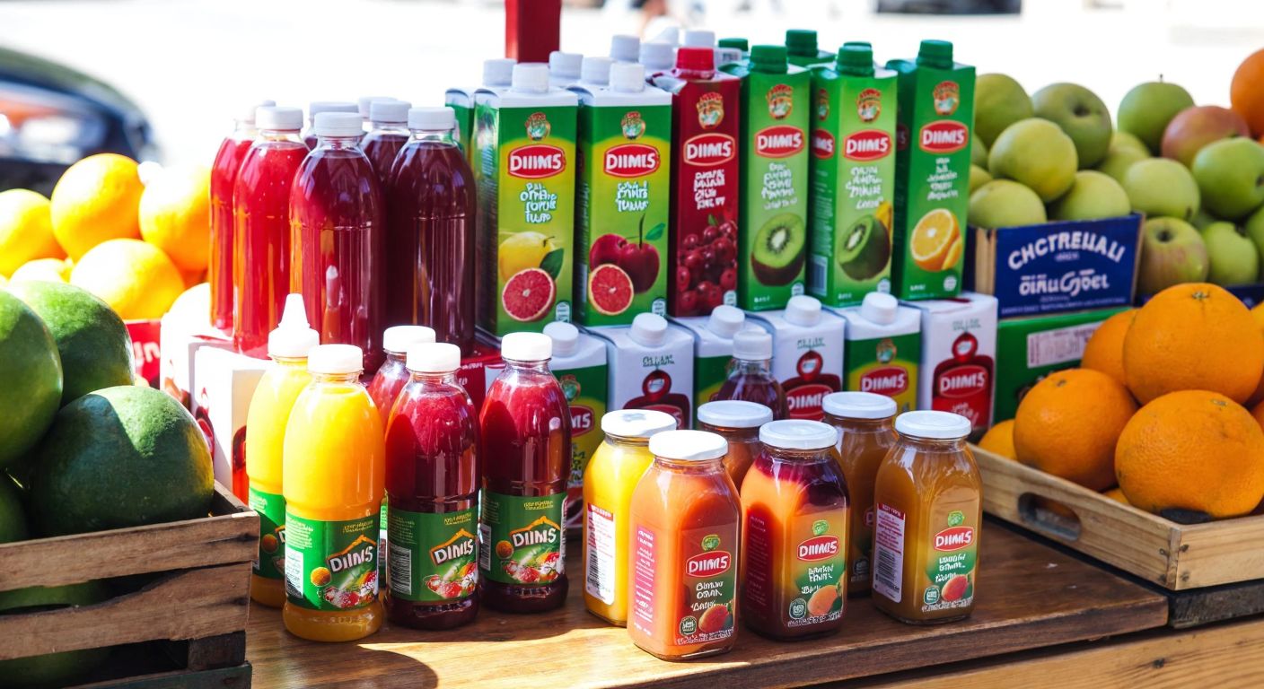 A colorful display of **Dimes** fruit juice bottles and cartons arranged on a wooden table in a Turkish market, with fresh oranges and apples nearby, under warm sunlight.