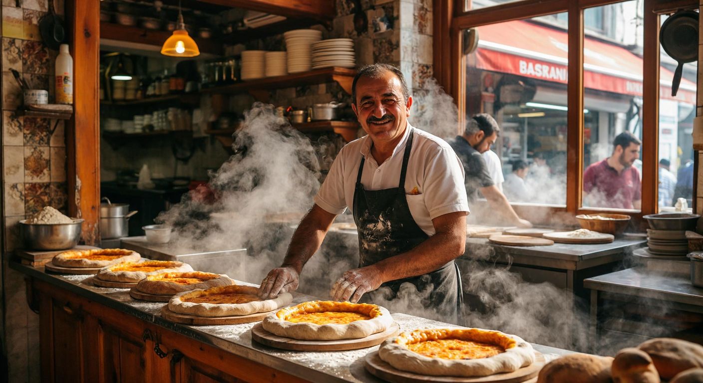 A warm, bustling pide restaurant in Istanbul with Mustafa Yazıcı, a middle-aged man with a proud smile, kneading dough behind a wooden counter as steam rises from freshly baked Karadeniz pides.