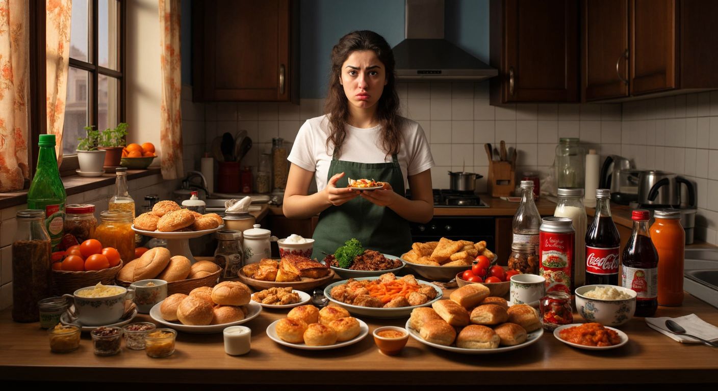 A Turkish kitchen counter cluttered with forbidden foods like bread, pastries, sugar jars, fried dishes, and soda bottles, while a person frowns at them, holding a fresh carrot.