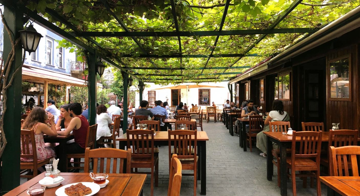 A cozy outdoor café in Istanbul with wooden tables under a vine-covered pergola, where people enjoy traditional Turkish tea and baklava in a relaxed, alcohol-free atmosphere.