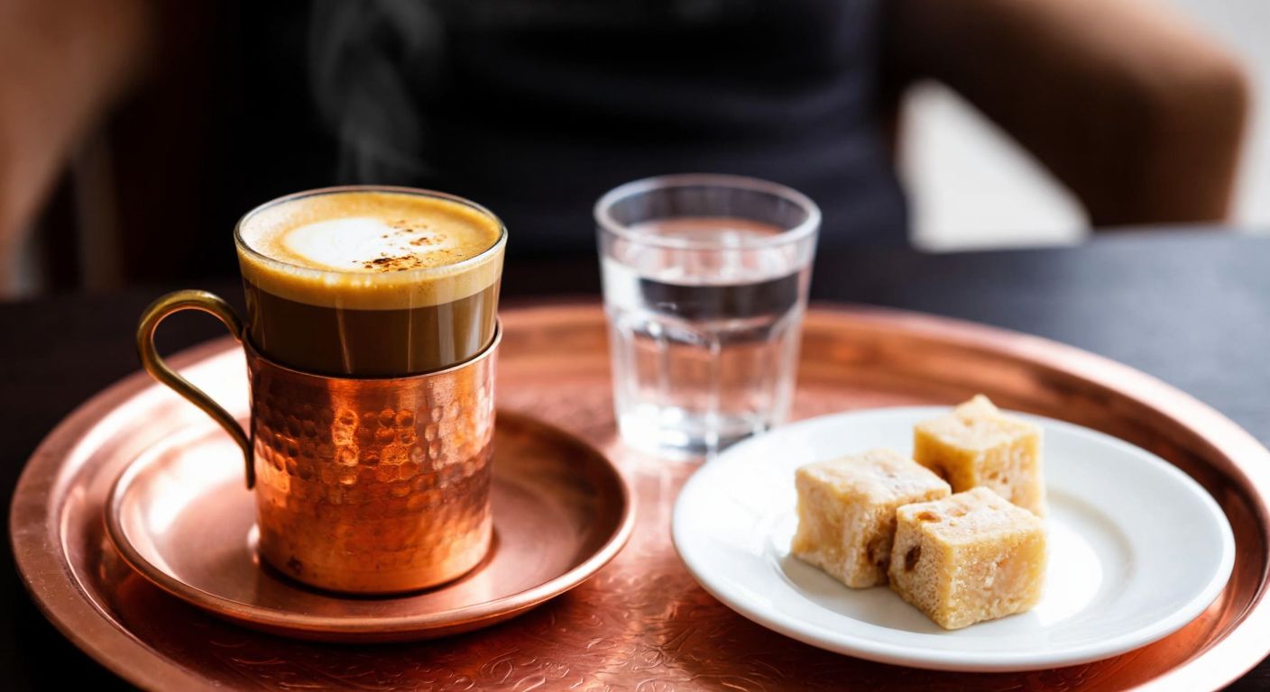 A steaming cup of Turkish coffee with a golden-brown crema, resting on a copper tray beside a small glass of water and a plate of lokum, evoking a balanced, aromatic experience.