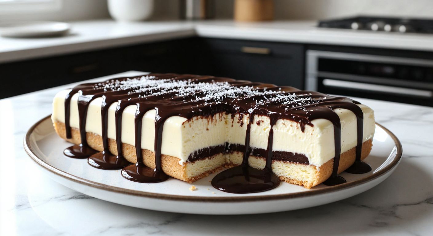 A warm Turkish kitchen with a marble countertop displaying a freshly assembled *kedi dilli muhallebi* dessert—layers of oval-shaped cat-tongue biscuits, creamy vanilla pudding, and glossy chocolate sauce drizzled on top, garnished with a sprinkle of coconut flakes.