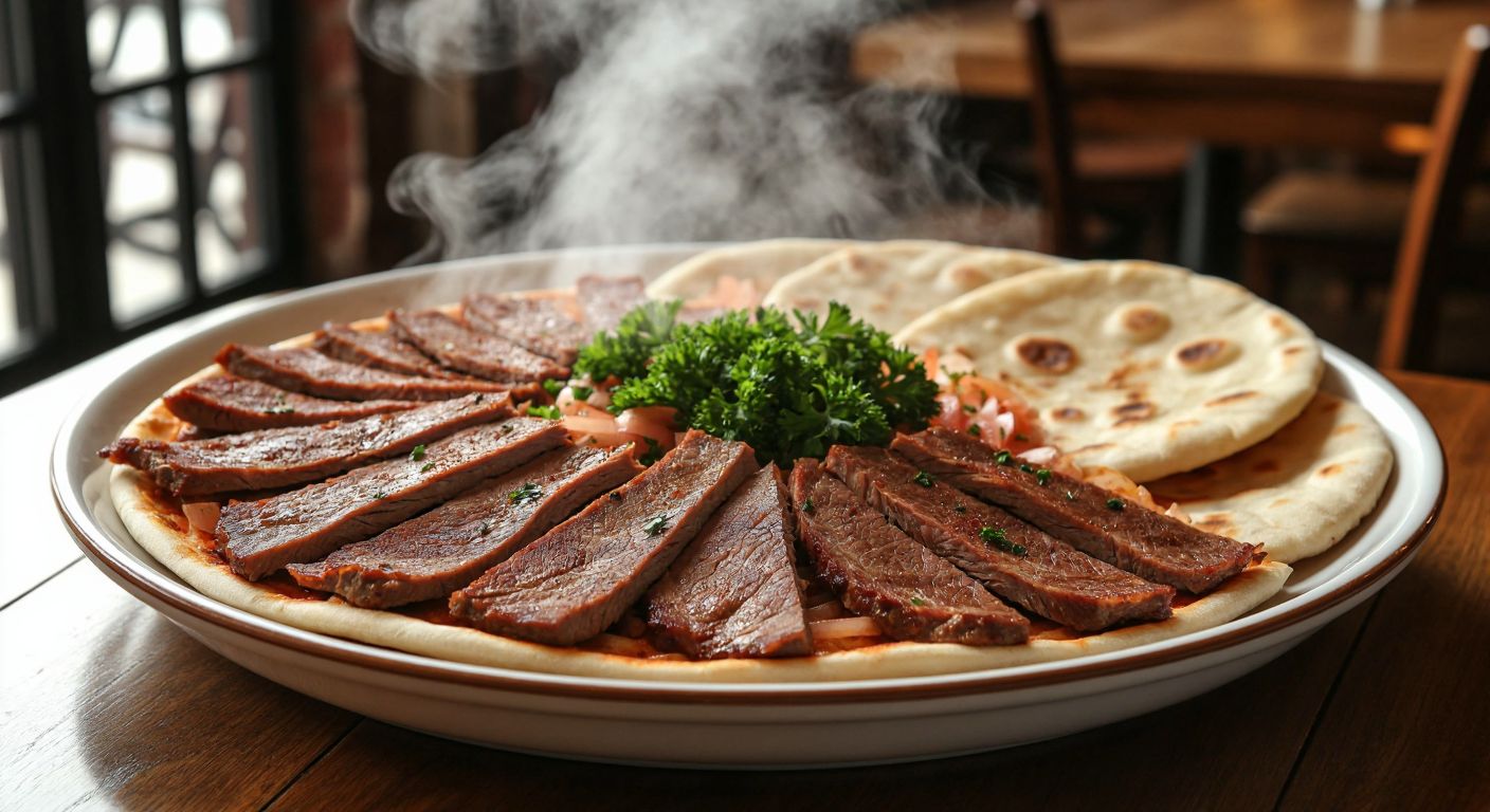 A steaming plate of thinly sliced döner meat, neatly arranged on a large white ceramic dish (around 24 cm in diameter), garnished with fresh parsley and accompanied by warm flatbread, evoking the aroma and warmth of a traditional Turkish eatery.