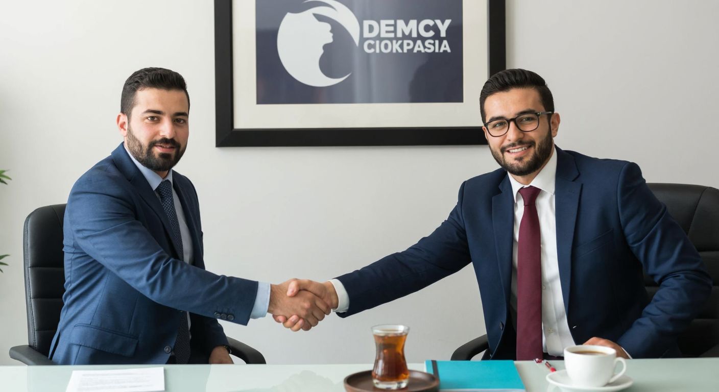 Two confident Turkish businessmen in suits shaking hands in a modern office, with a framed company logo on the wall and a tray of Turkish coffee on the table.