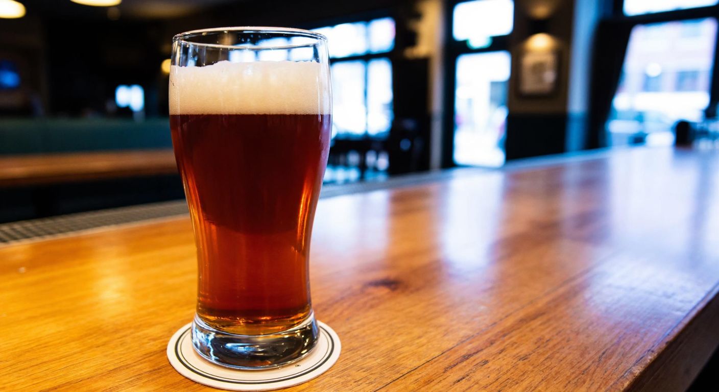 A frothy glass of dark amber beer with a thick head, placed on a wooden bar counter in a dimly lit Dutch pub, with a faint reflection in the polished surface.