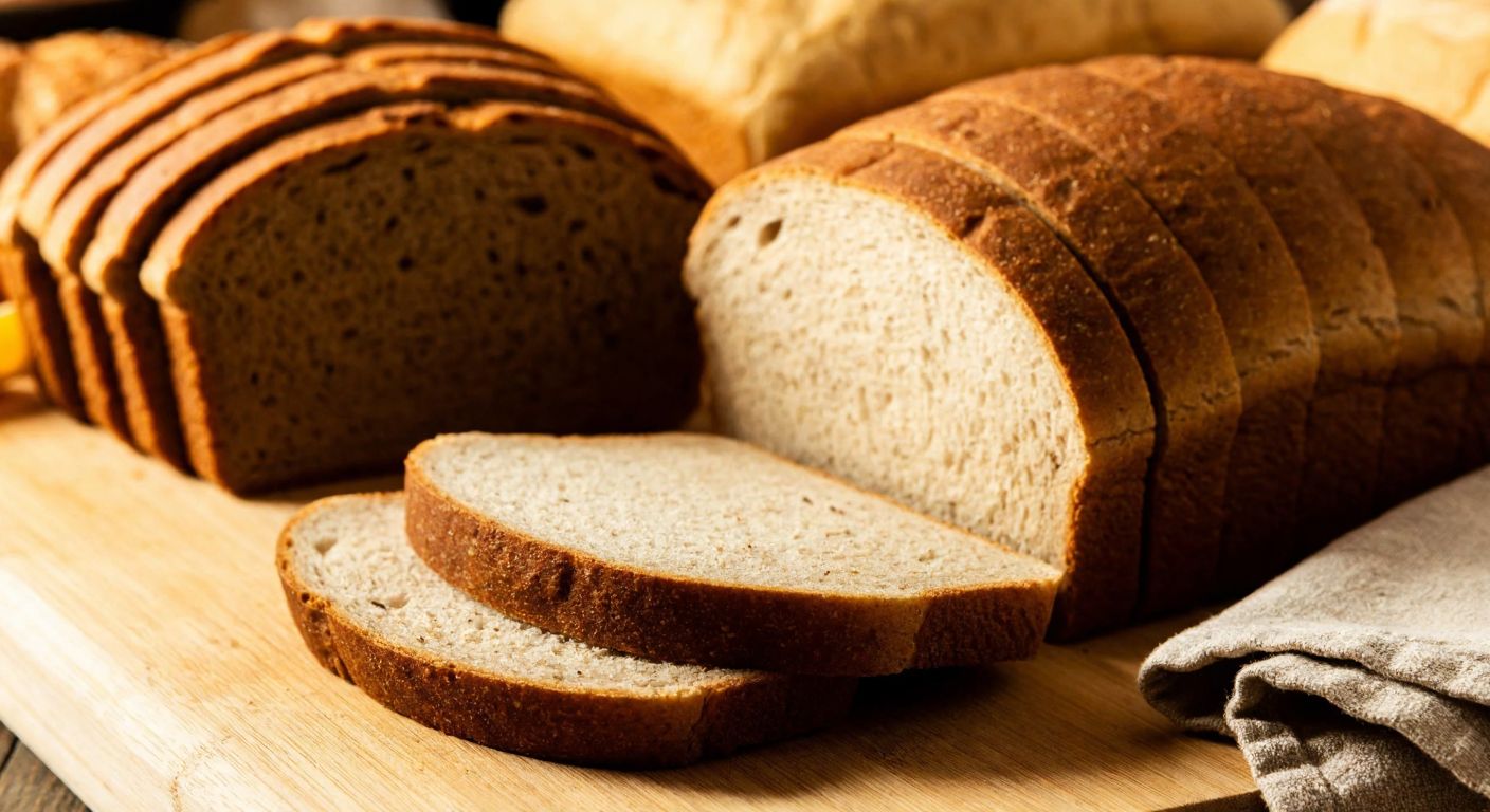 A rustic wooden table in a Turkish bakery displays slices of dark rye bread, gluten-free bread, whole wheat bread, and bran bread, with a warm golden light highlighting their textures.
